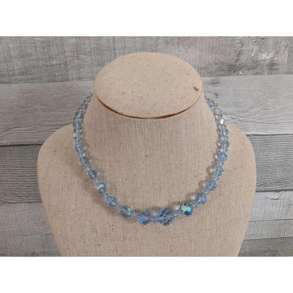 Vintage Blue Crystal Bead Necklace Graduated Faceted Beads Sterling Hook Clasp